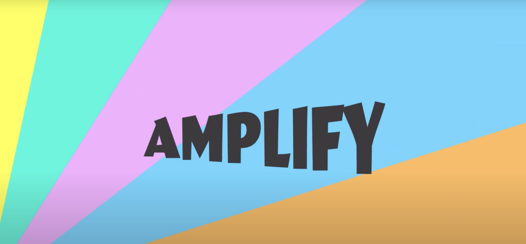 The Amplify cover. It is a rainbow background of yellow, green, purple, blue and orange, with a stylised wordmark which reads Amplify,
